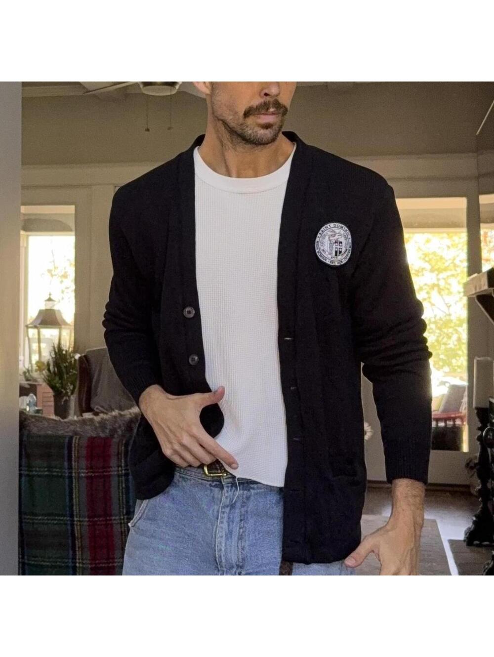 🤍🔥 Distressed Saint Dominic Prep Cardigan — Ivy League Preppy Knit (Size M)